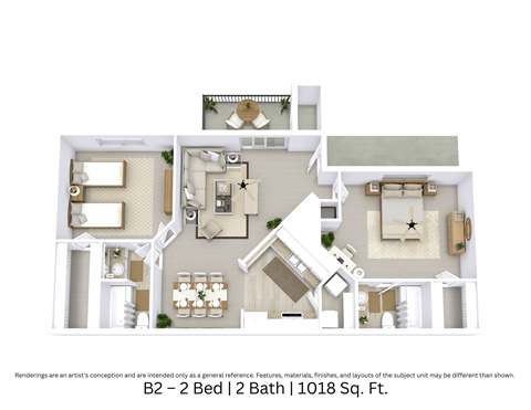 Floor plan for 2 beds, 2 baths, 1018 sqft